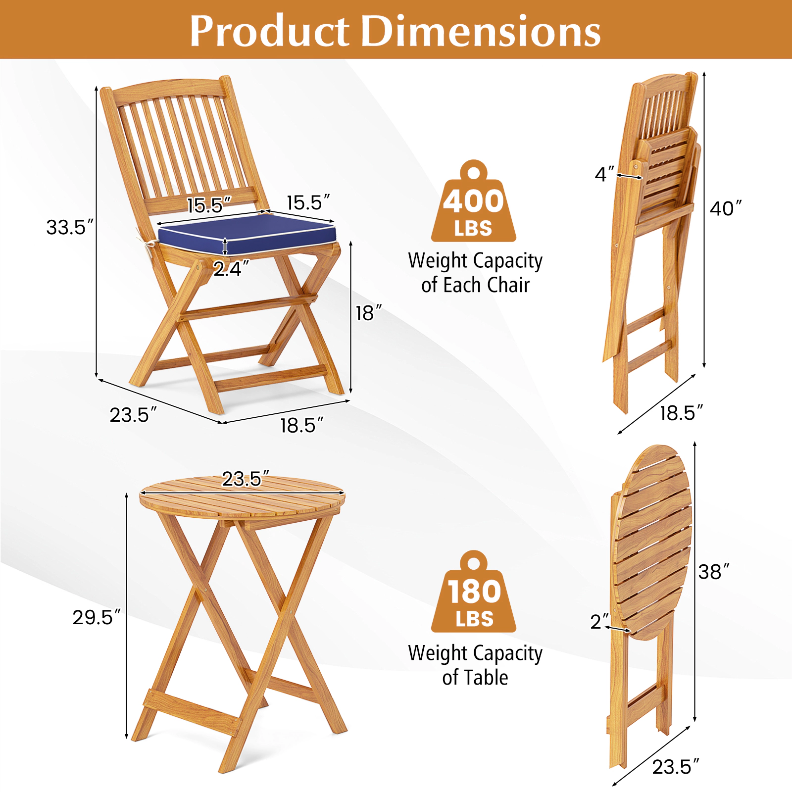 LJG 3 Pieces Acacia Wood Patio Folding Bistro Set with Soft Cushions