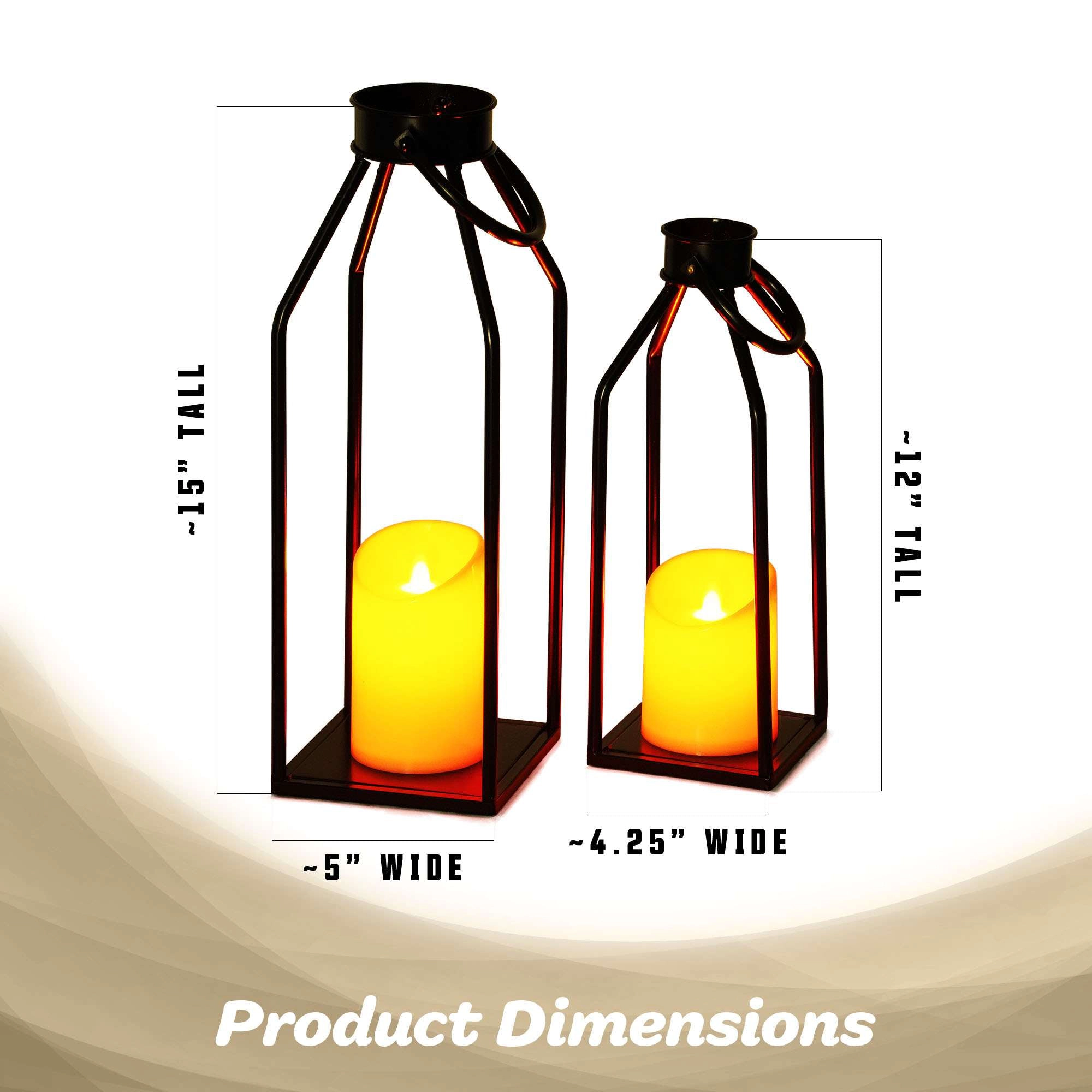 G128 2-Pack Black Metal Flameless Lanterns with Built-In LED Candles, 15in Modern Farmhouse Decor