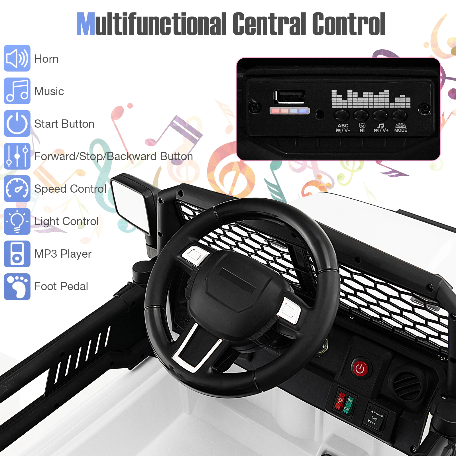 SUGIFT Parental Remote Control Headlights and USB Player 12V Kids Ride On Truck