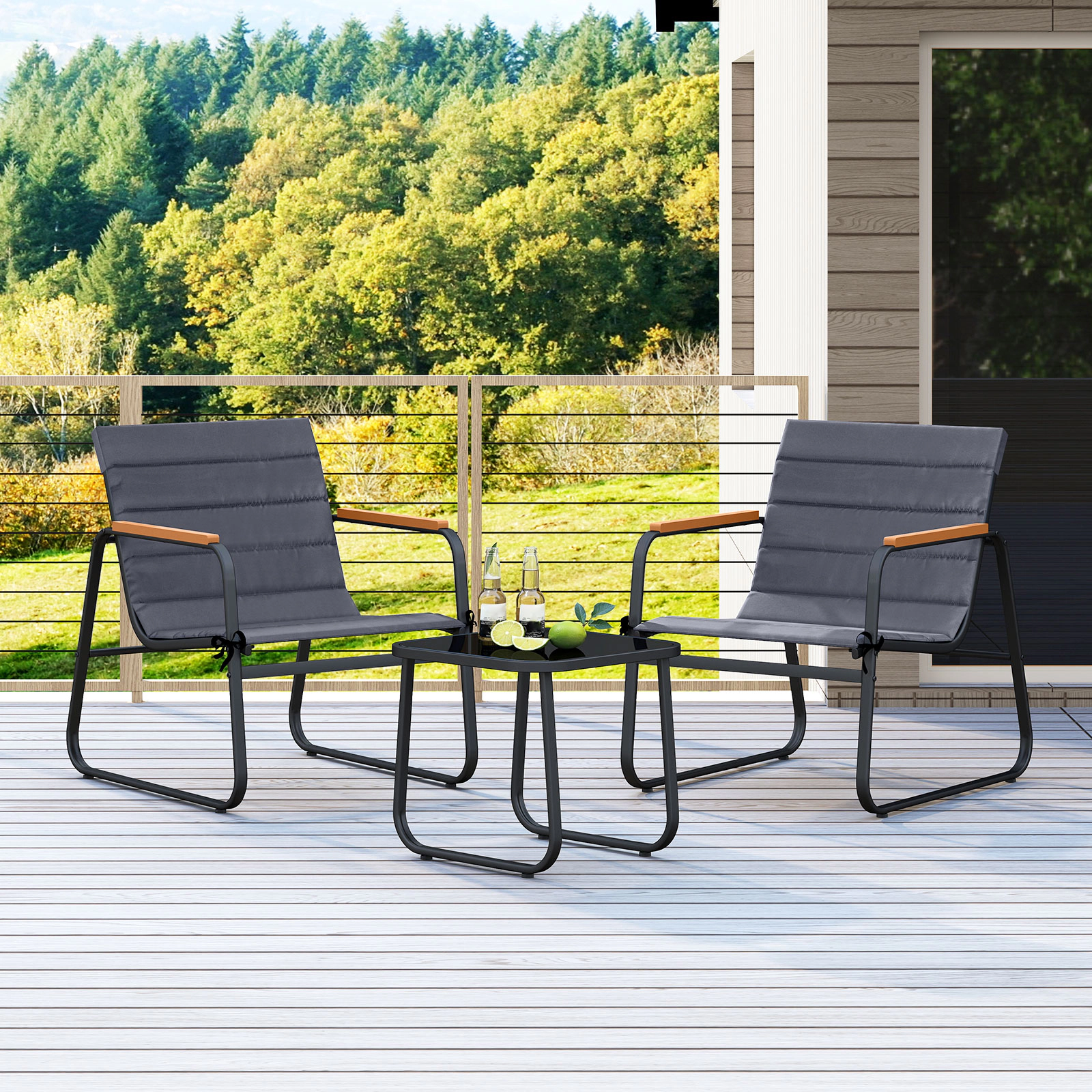 SUGIFT 3-Piece Gray Patio Bistro Set with Cushioned Chairs and Tempered Glass Table