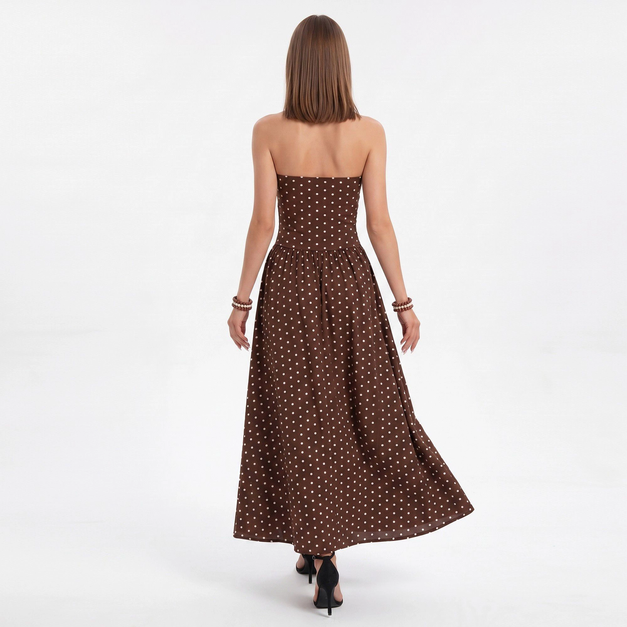 Anna-Kaci Women's Polka Dot Strapless Maxi Dress with Ruched Bodice and Full Skirt