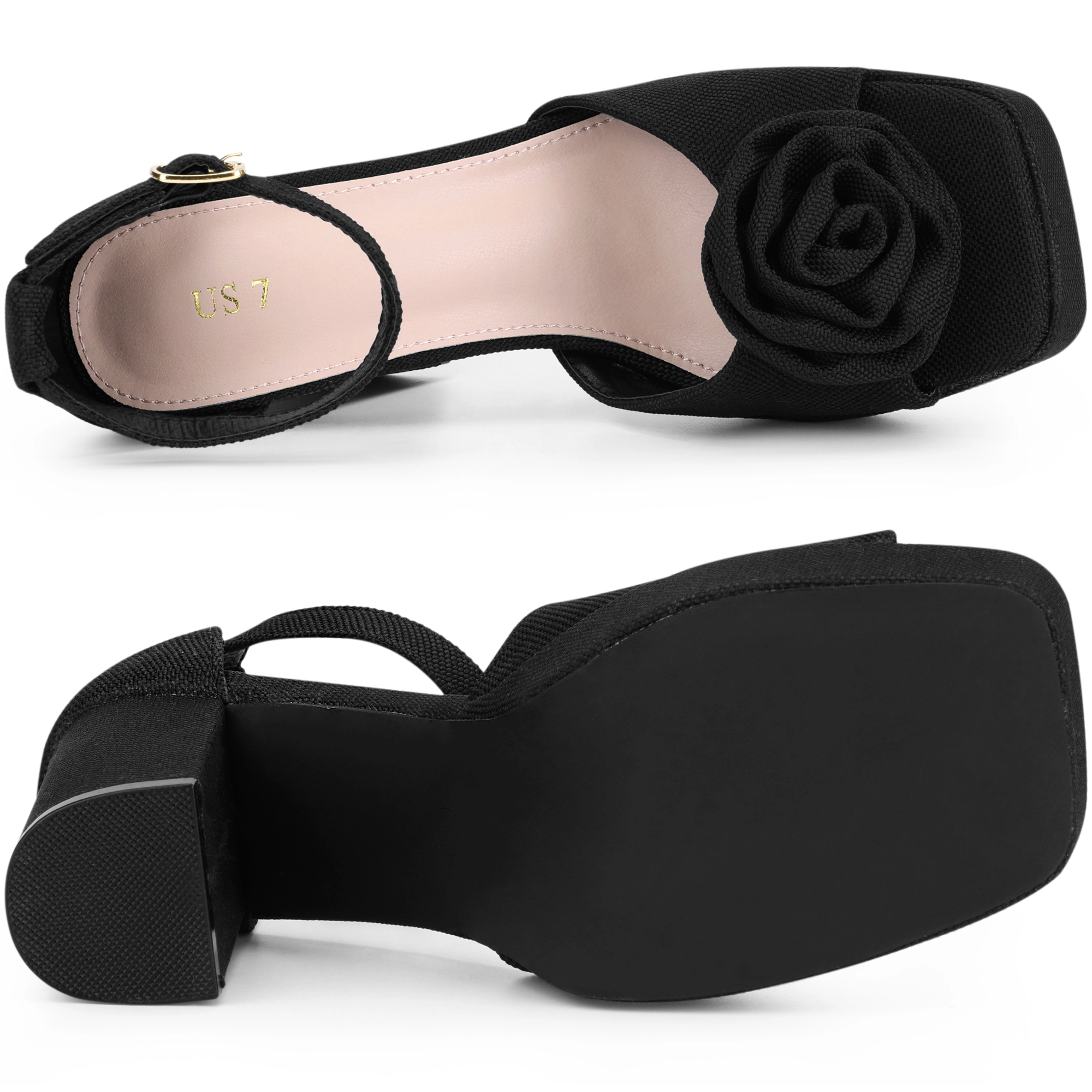 BLISSFUL STEP Women's Square Toe Chunky Heel Platform Flower Sandals