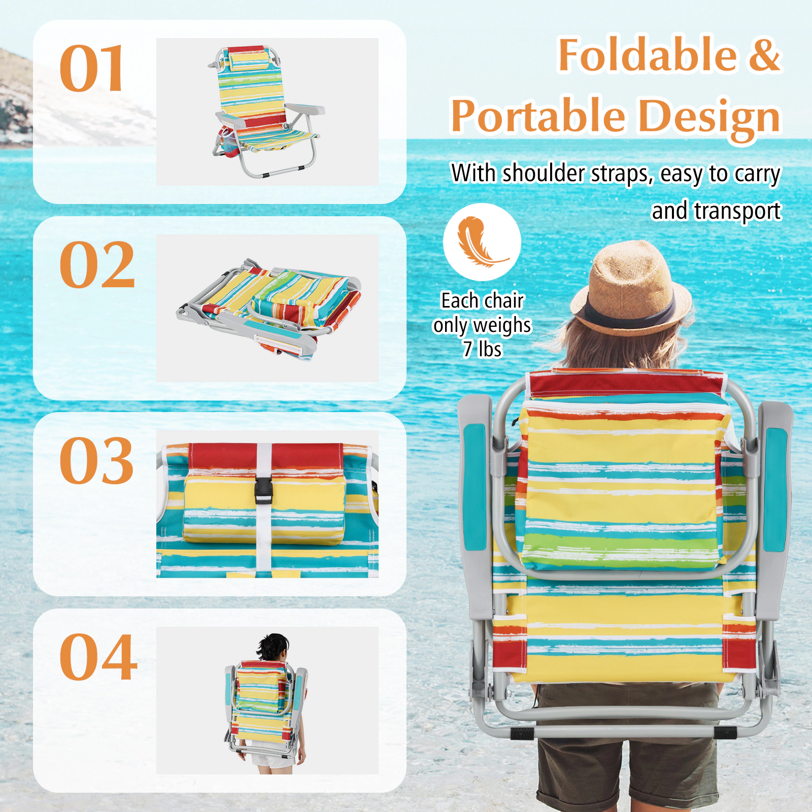 SUGIFT Cup Holder and Storage Pockets Set of 2 Foldable Backpack Beach Chairs