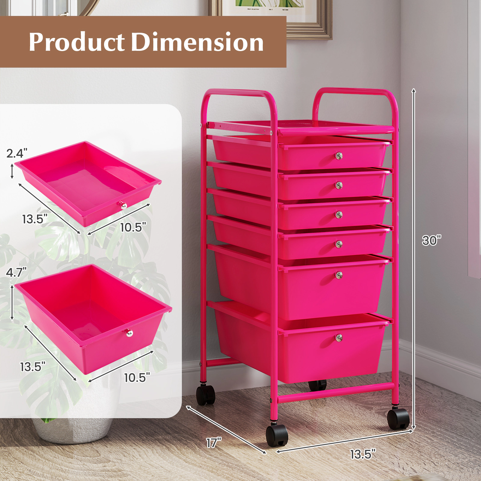 SUGIFT Multifunctional 6-Drawer Rolling Storage Cart Organizer 30-in Tall Rose Red