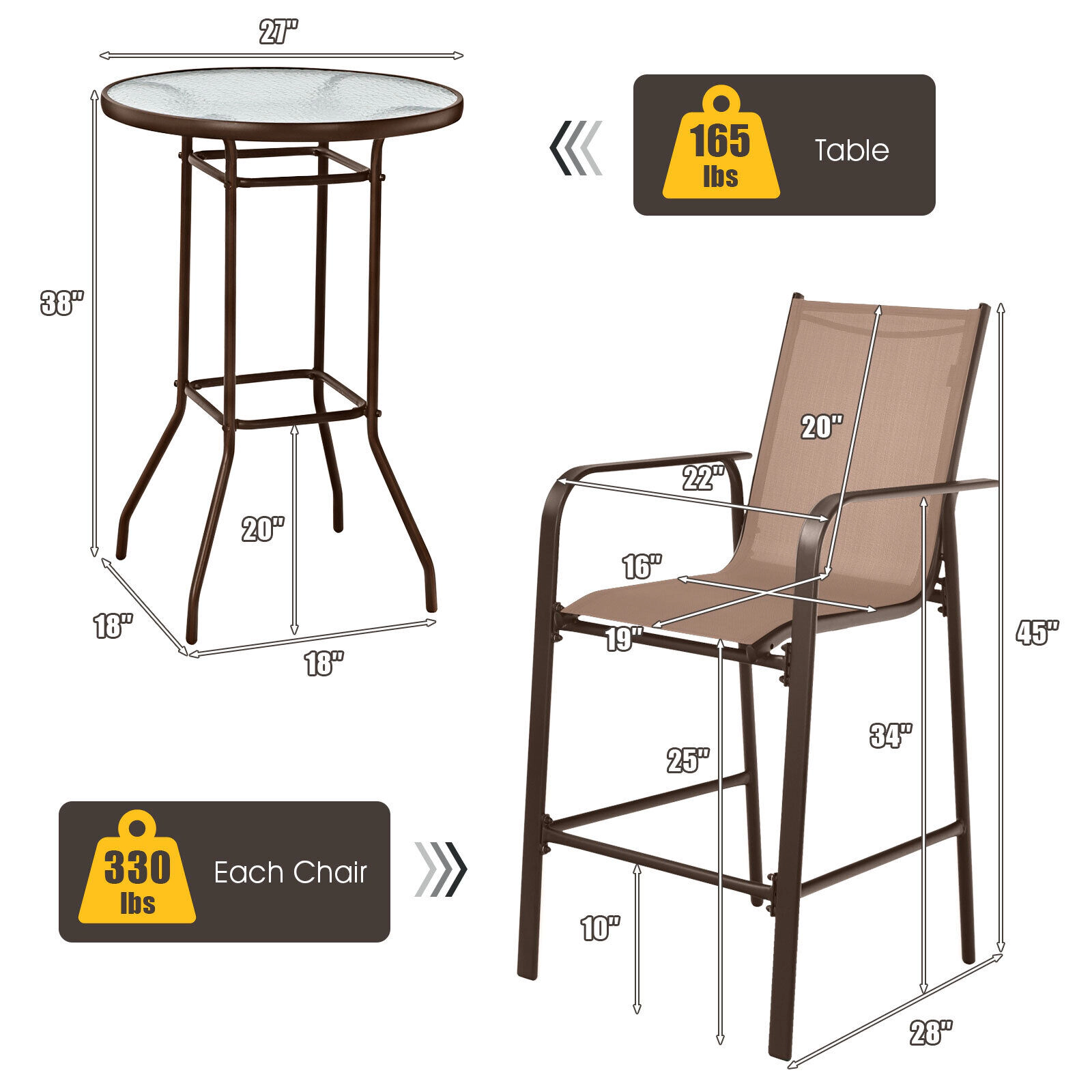 SUGIFT Brown Tempered Glass Top and Footrests 3-Piece Outdoor Bar Table and Stool Set