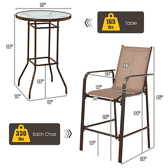 SUGIFT 3-Piece Brown Patio Furniture Set with Bar Table 2 Stools and Footrests 45-in H 330-lb Per Stool