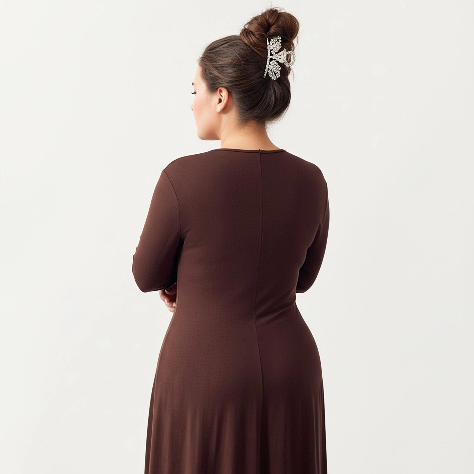 Anna-Kaci Women's Plus Long Sleeve Draped Gathered Waist Elegant Silhouette Maxi Dress