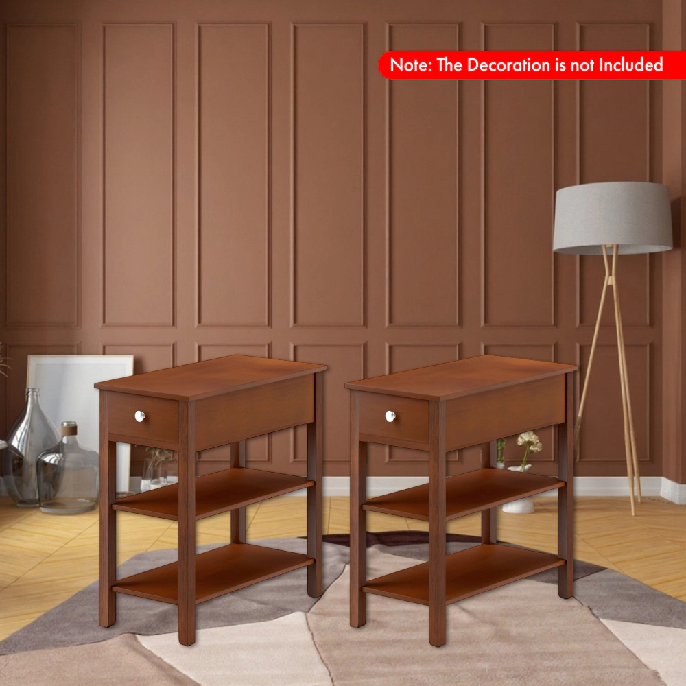 Hivvago Set of 2 Compact Three-Tier Side Tables with Drawer and Storage Compartments