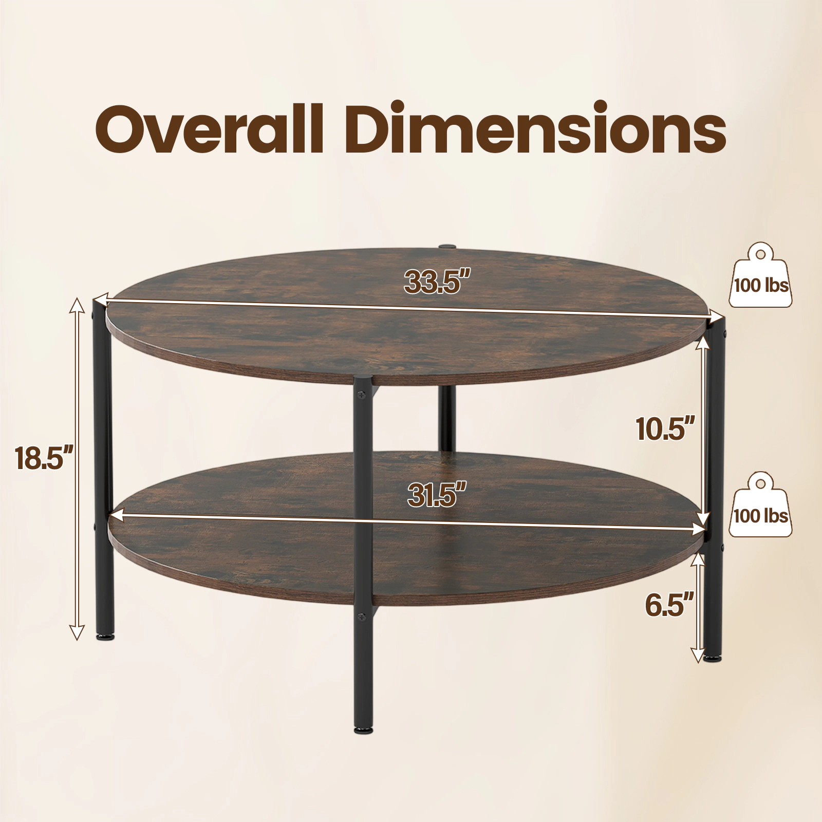 SUGIFT 2-Tier Round Coffee Table with Open Storage Shelf 200-lb Capacity Engineered Wood and Metal Rustic Brown