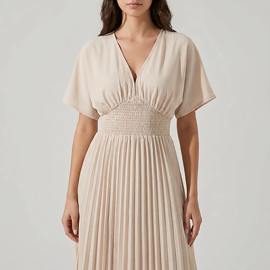 Anna-Kaci Women's Pleated V-Neckline Short Flutter Sleeves Smocked Waist A-Line Skirt Maxi Dress
