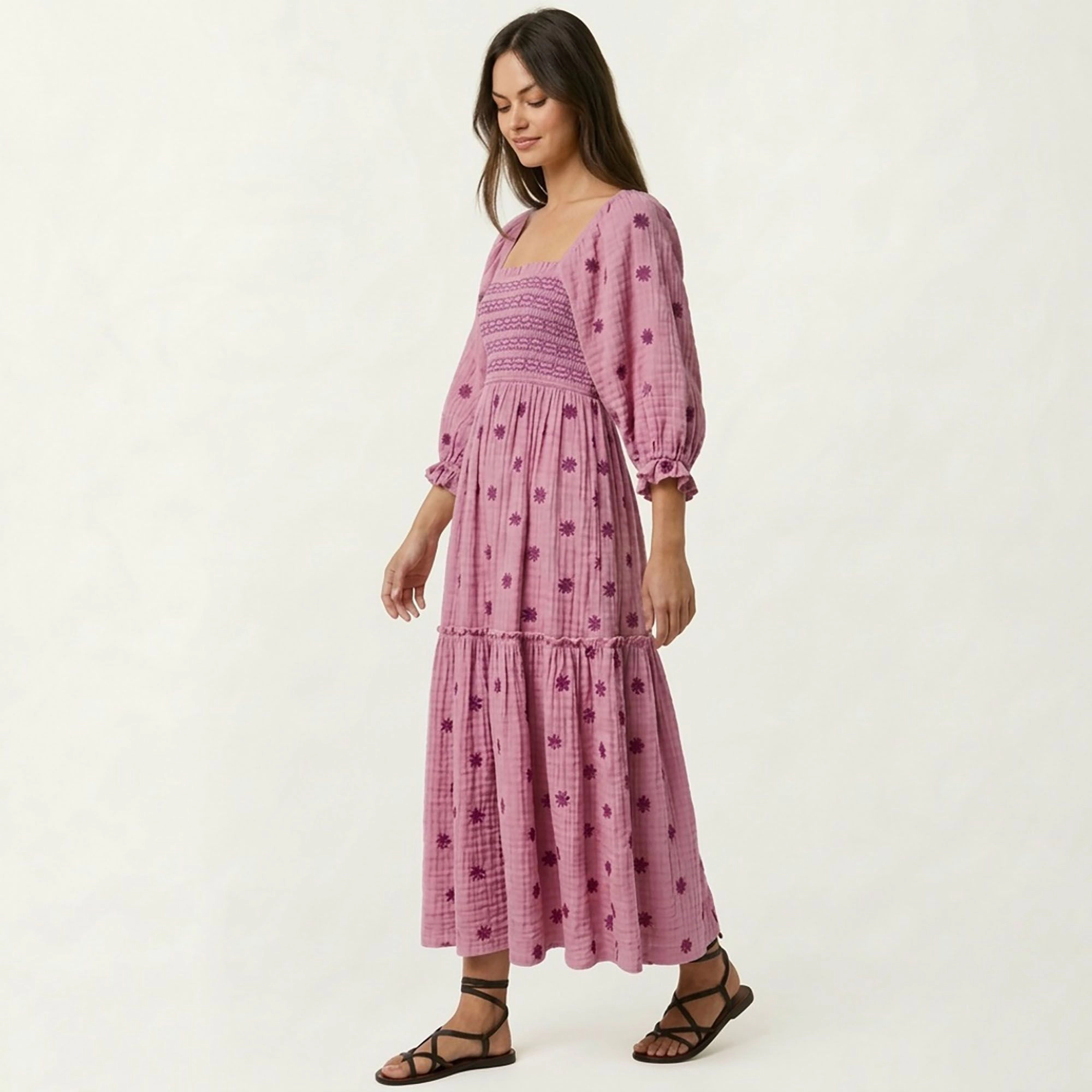 Anna-Kaci Womens Smocked Square Neck Embroidered Maxi Dress with Puff Sleeves