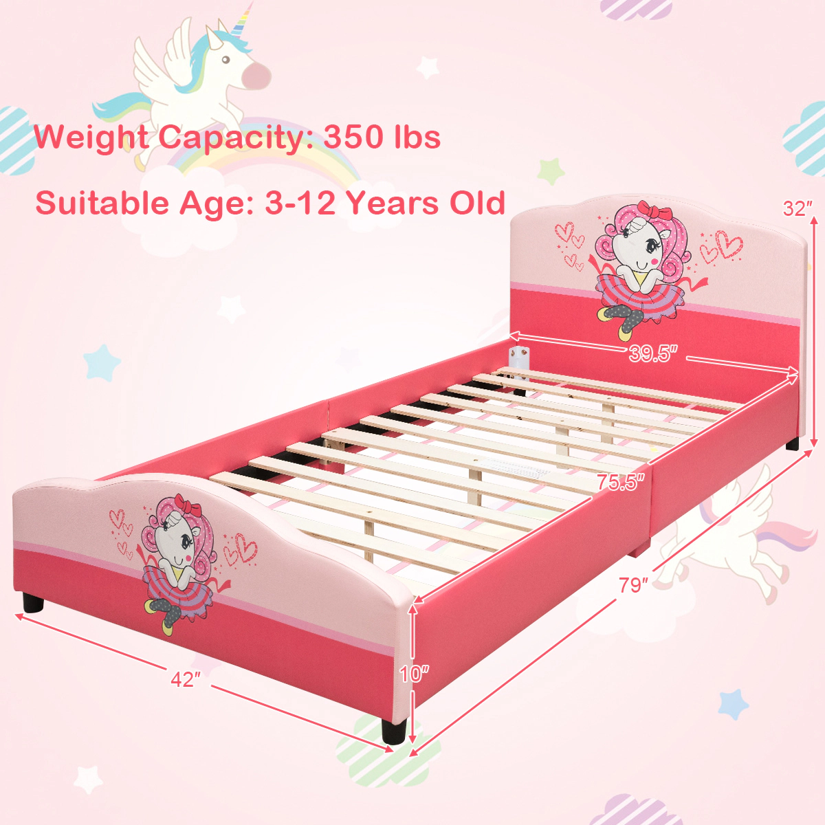 SUGIFT Pink Cartoon Girl Pattern Headboard Twin Size Kids Upholstered Platform Bed