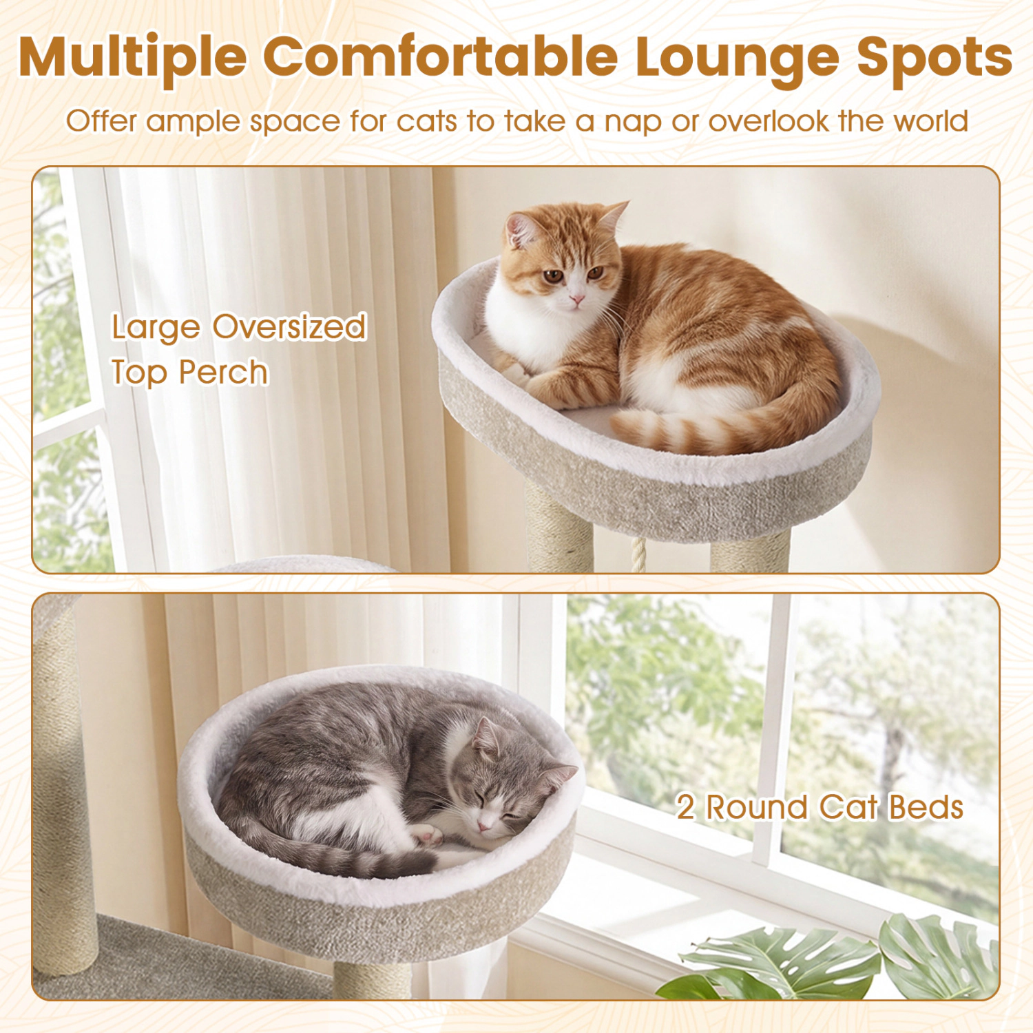 SUGIFT 51-in Carpeted Cat Tree with 19.5-in Oversized Top Perch 2 Round Perches and Jute Rope Posts