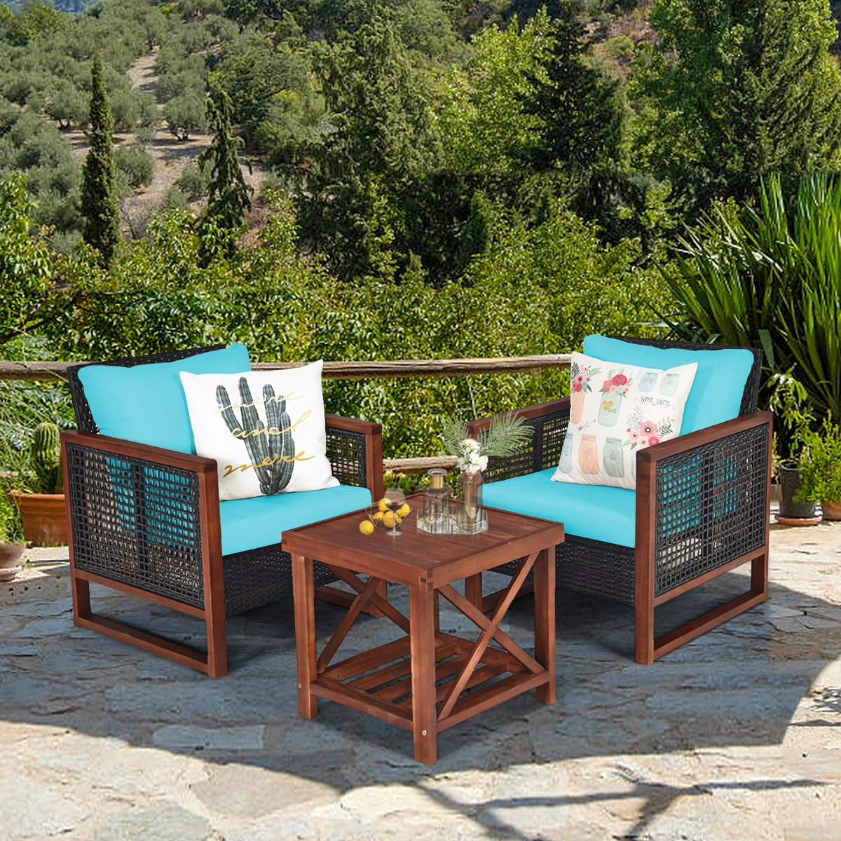 SUGIFT Turquoise 2-Shelf Coffee Table 3-Piece Acacia Wood and Rattan Patio Chair Set