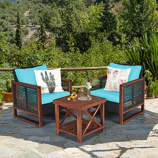 SUGIFT 3-Piece Turquoise Patio Furniture Set with Acacia Rattan Chairs and 2-Shelf Coffee Table 360-lb Per Chair