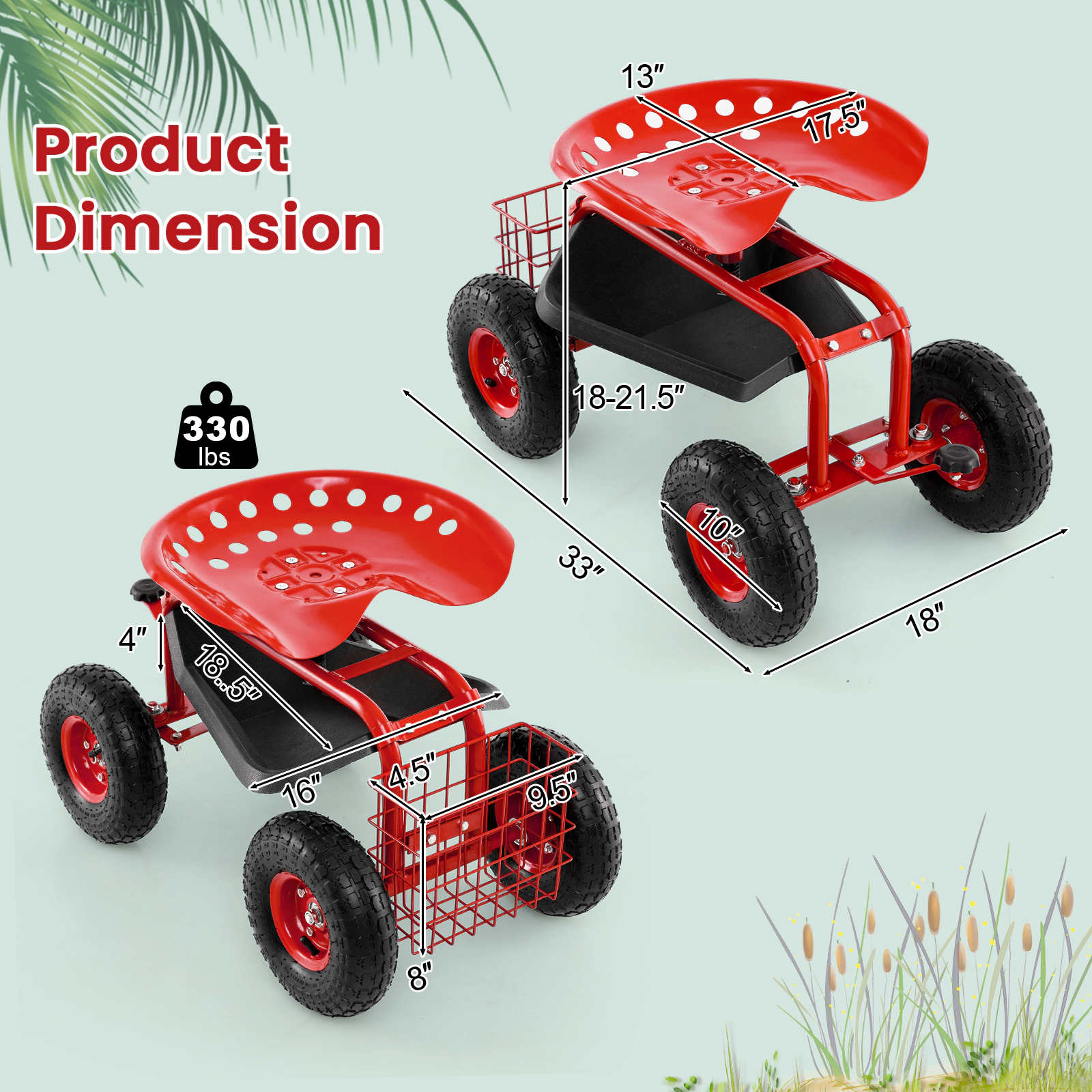 SUGIFT Red 330-lb Capacity 4-Wheel Rolling Garden Cart Work Seat Shop Stool with Tool Tray and Tires