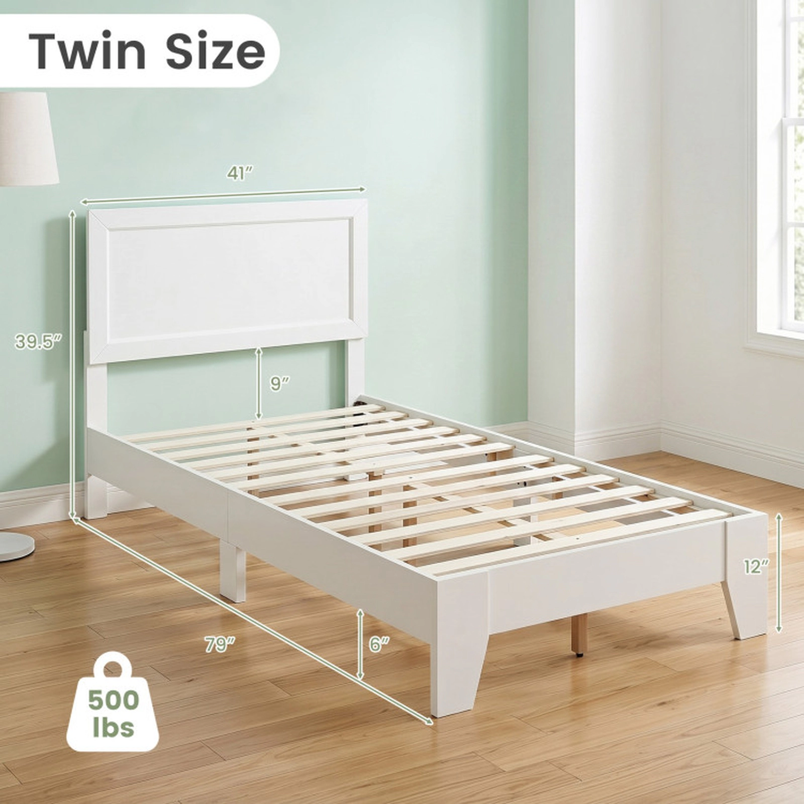 SUGIFT White Mid-Century Headboard for Small Rooms Twin Size Wooden Platform Bed Frame