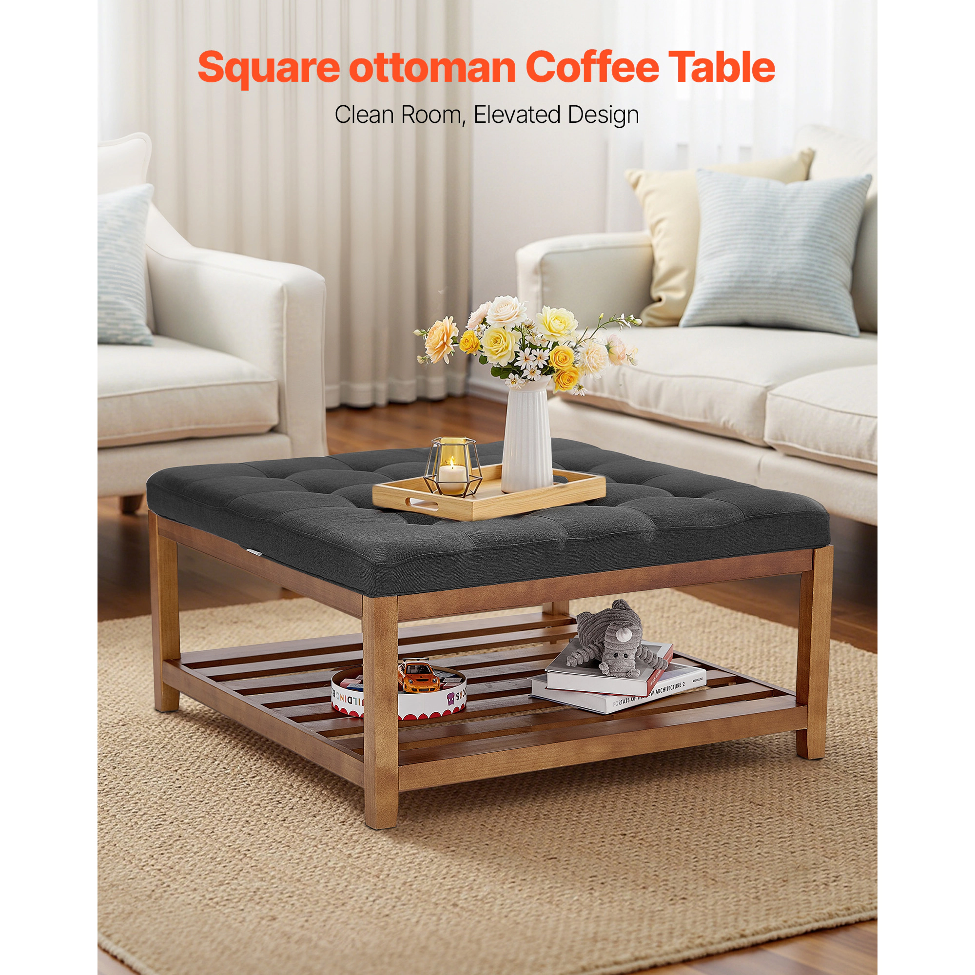 HONGGE Large Ottoman Coffee Table, Tufted Table with Solid Wood Shelf Storage
