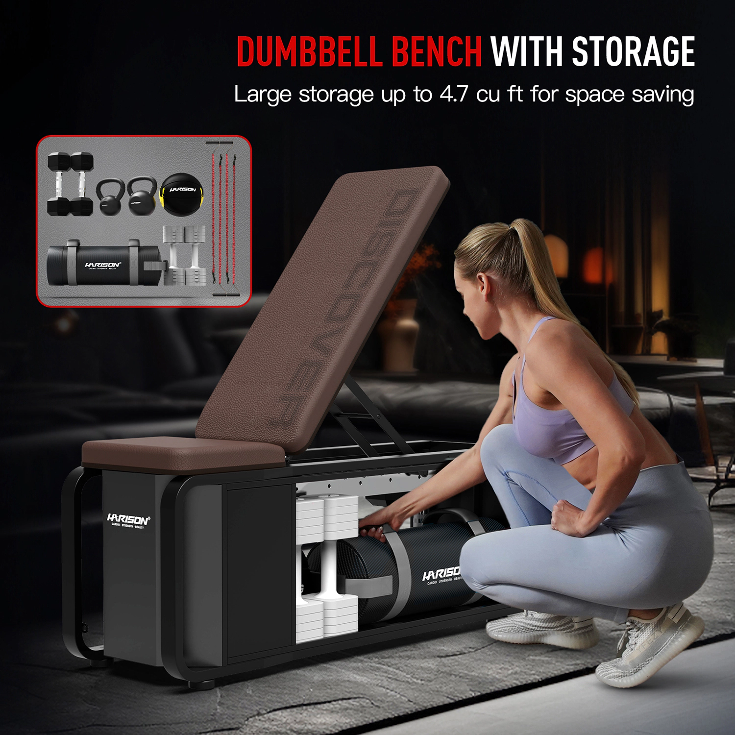 HARISON Adjustable Weight Bench for Home Gym with Dumbbell Storage Rack, Heavy-Duty Steel Frame & Mobile Design