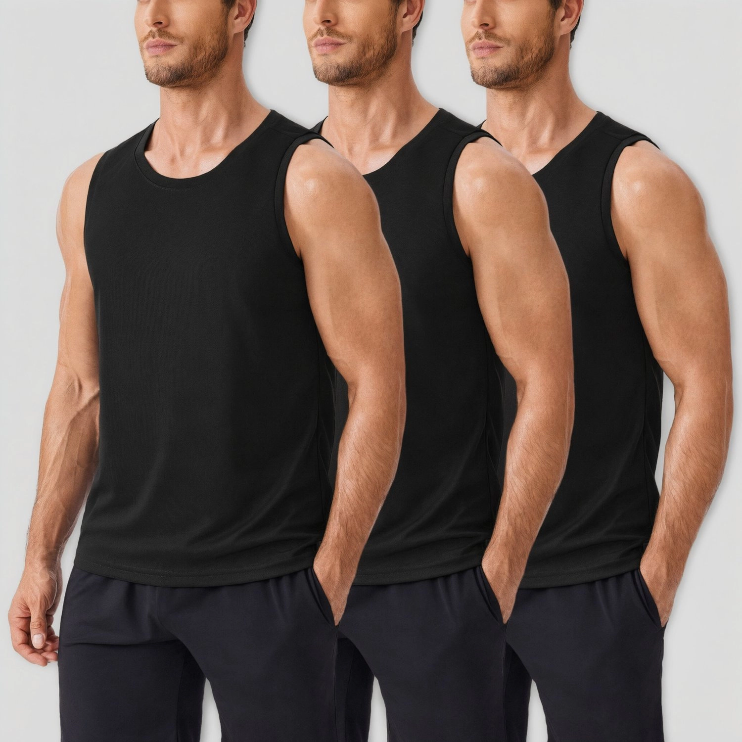 Pinspark Mens Solid Sleeveless Tank Tops 3 Pack Crew Neck Lightweight Athletic Tees