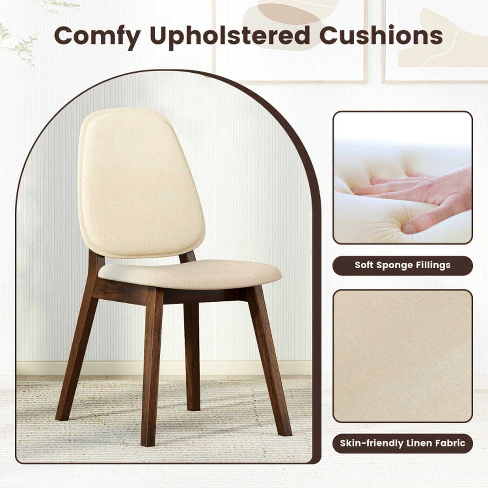 SUGIFT Set of 4 Mid-Century Modern Wooden Upholstered Dining Side Chairs 330-lb Capacity Brown+Beige