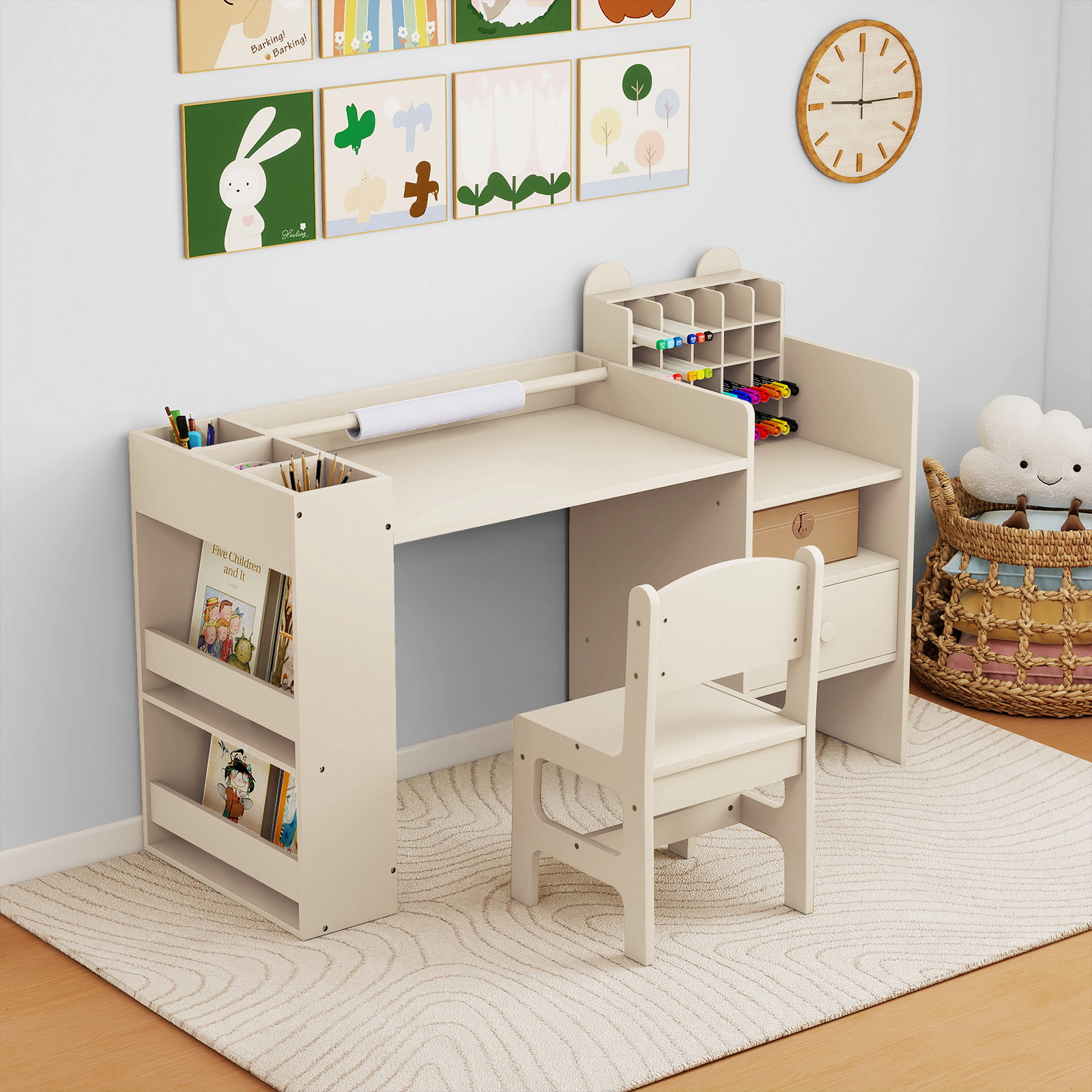 SUGIFT Kids Art Desk and Chair Set, Natural Craft Table with Paper Roll Holder and Removable Storage