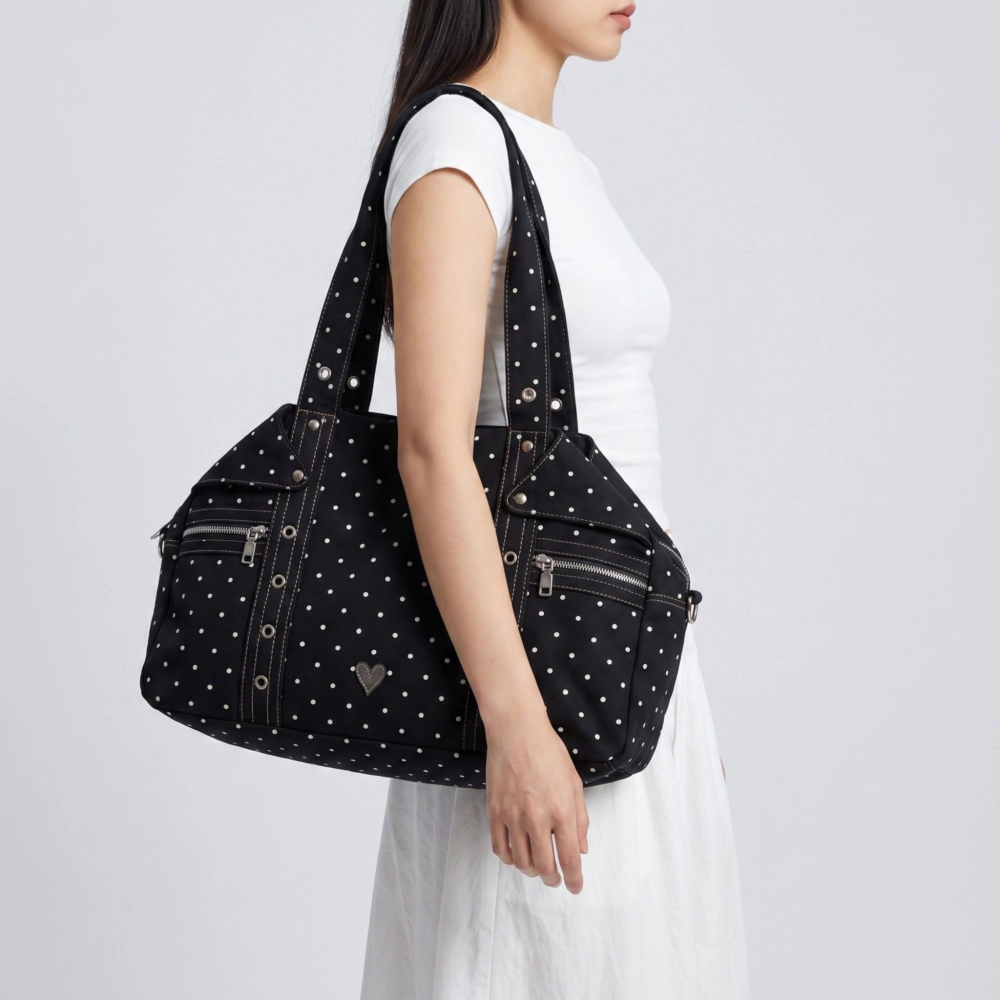 Alilang Women's Polka Dot Multi-Pocket Shoulder Bag with Zip Closure