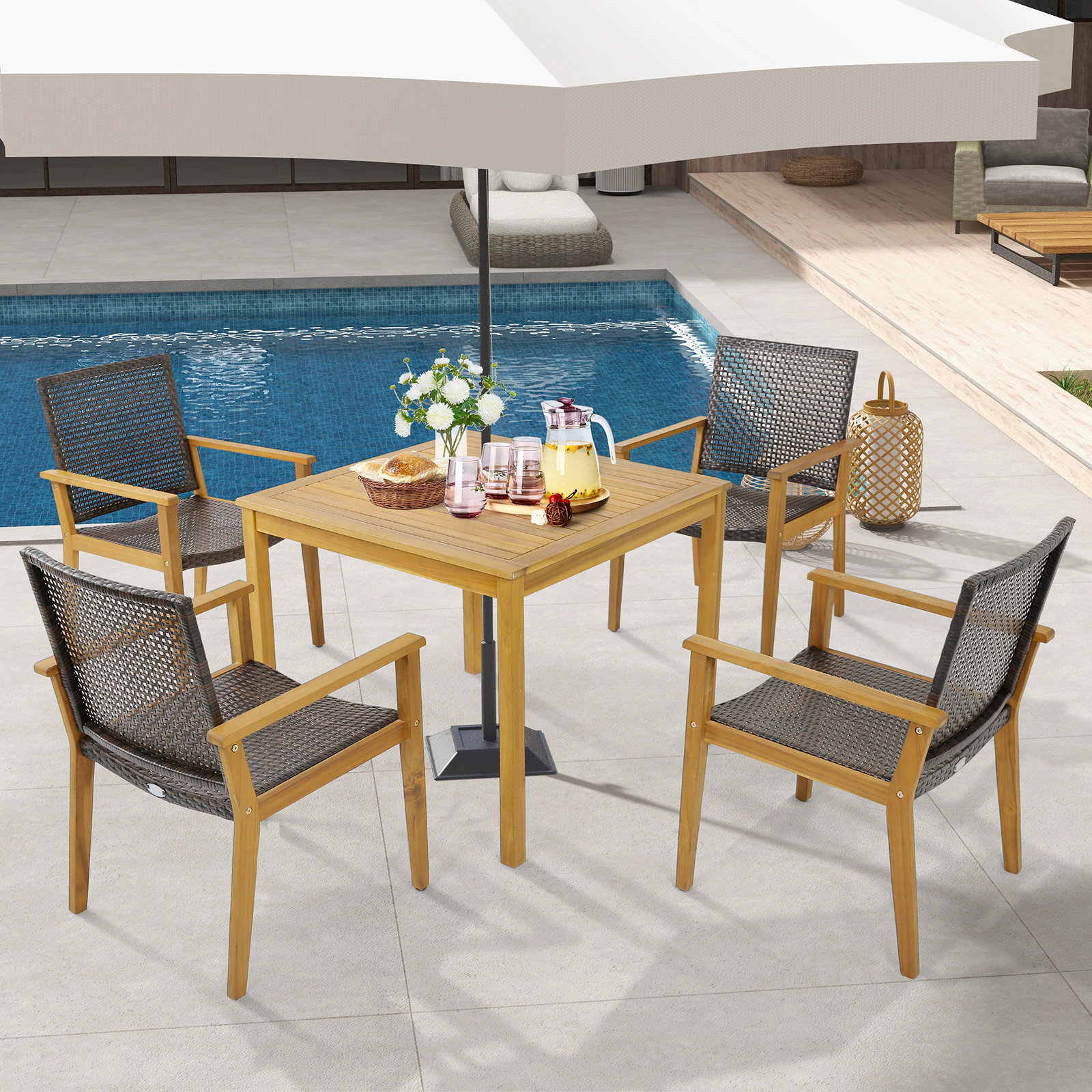 LJG Set of 4 Outdoor Rattan Chair with Sturdy Acacia Wood Frame