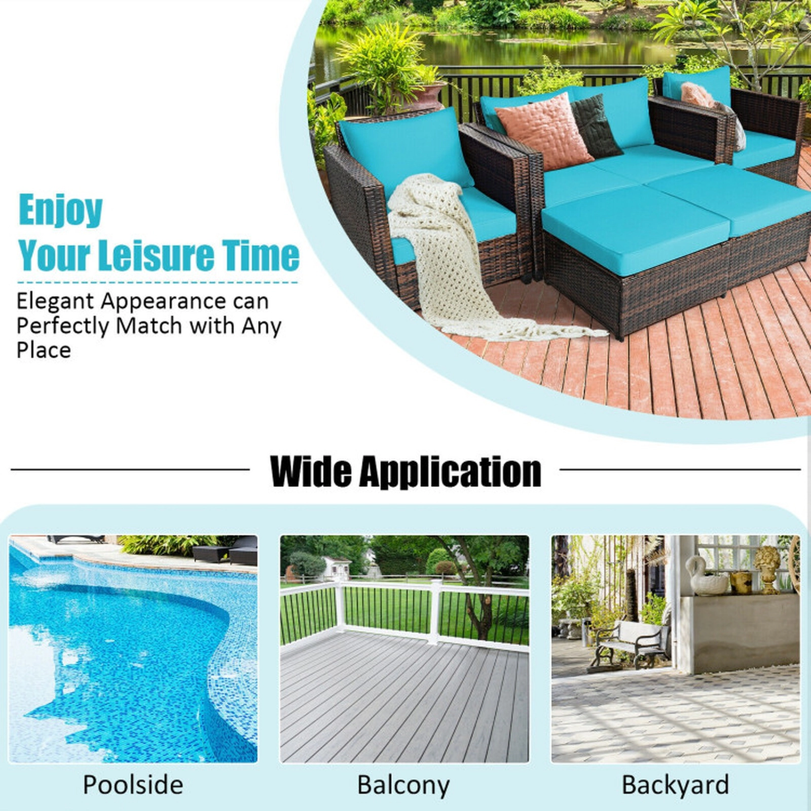 SUGIFT Turquoise 2 Ottomans and Cushions 5-Piece Patio Rattan Sectional Sofa Set