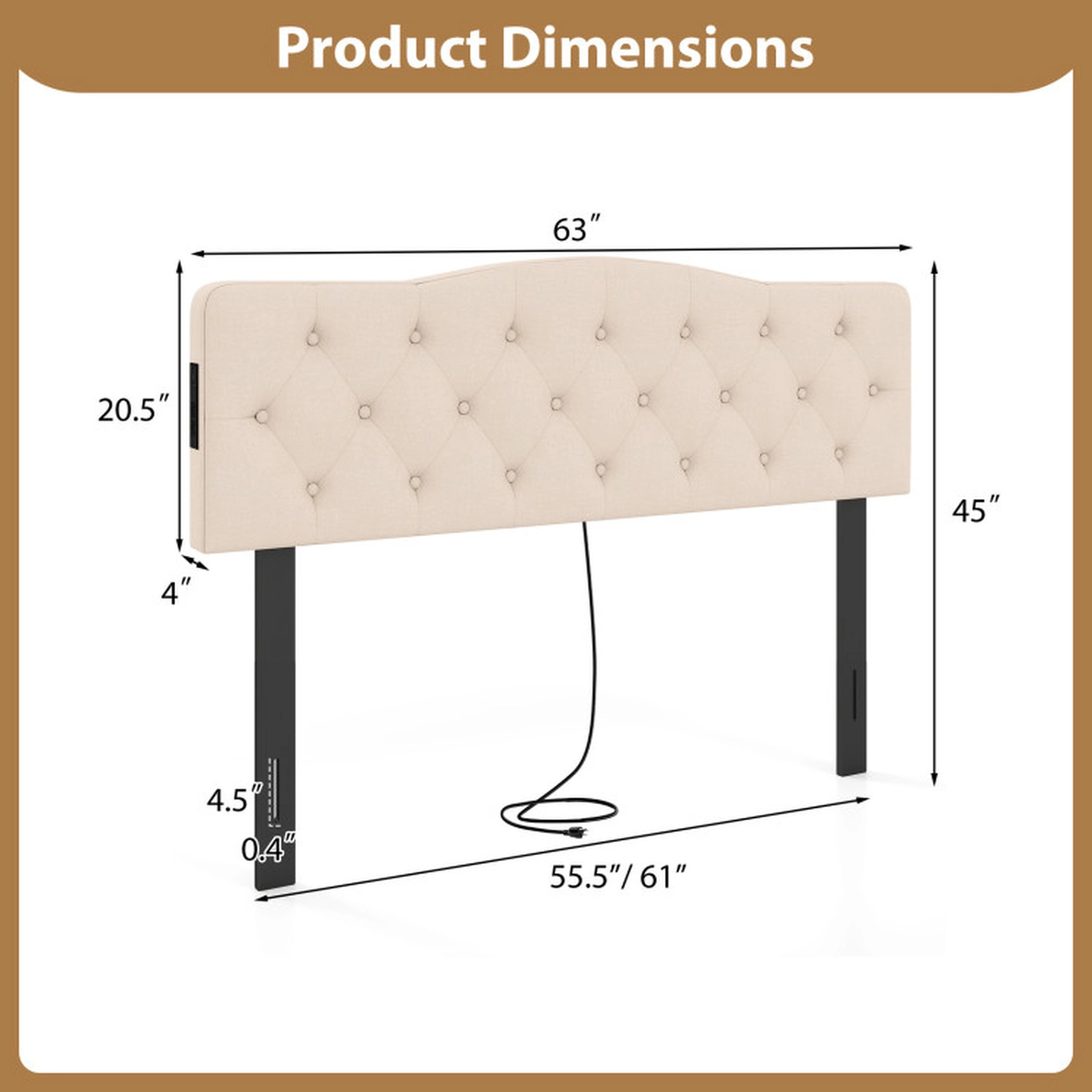 SUGIFT Tufted Upholstered Headboard for Queen and Full Size Bed with 2 AC Outlets Beige