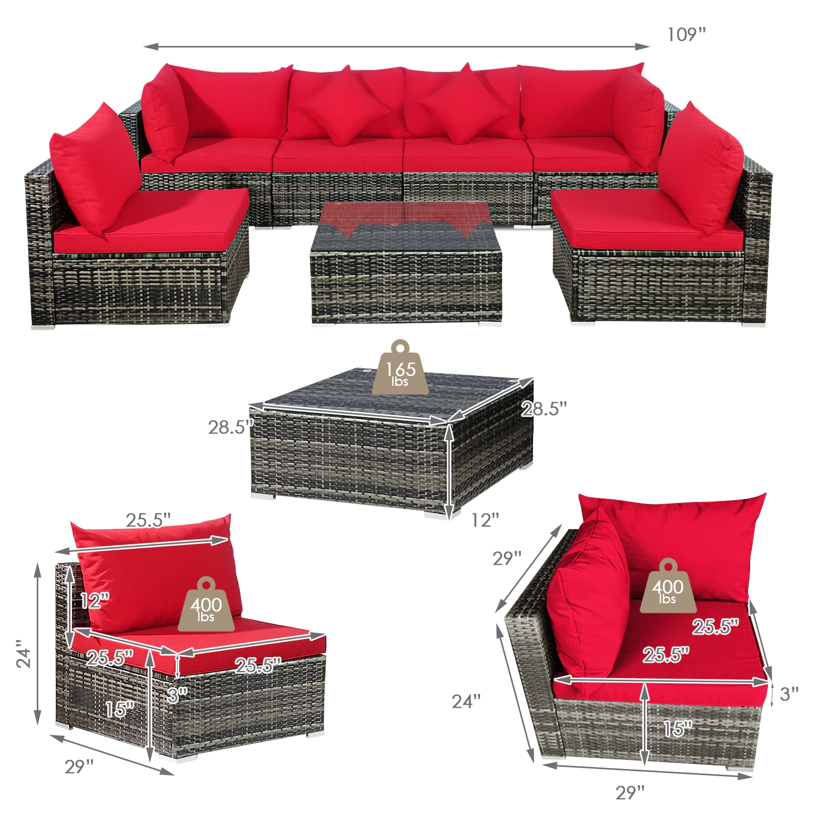 LJG 7 Pieces Patio Rattan Furniture Set Sectional Sofa Garden Cushion