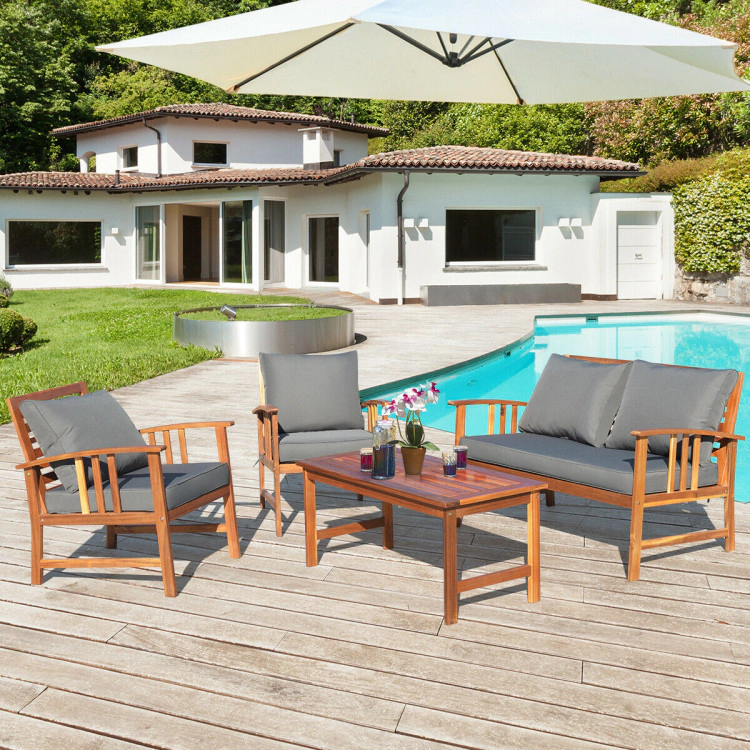 Hivvago 4 Pieces Wooden Patio Sofa Chair Set With Cushion