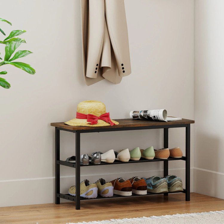 Hivvago 3-Tier Shoe Rack Shoe Bench with Metal Slat Shelves and Long Wooden Seat