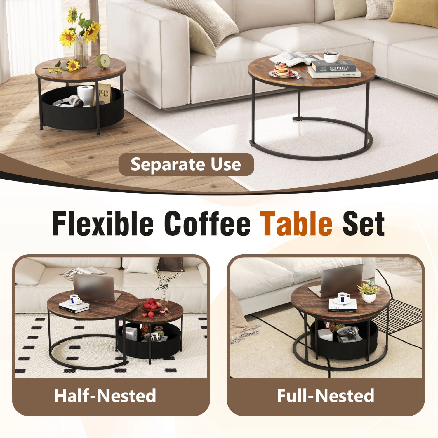 SlickBlue Set of 2 Nesting Coffee Table with Storage Basket