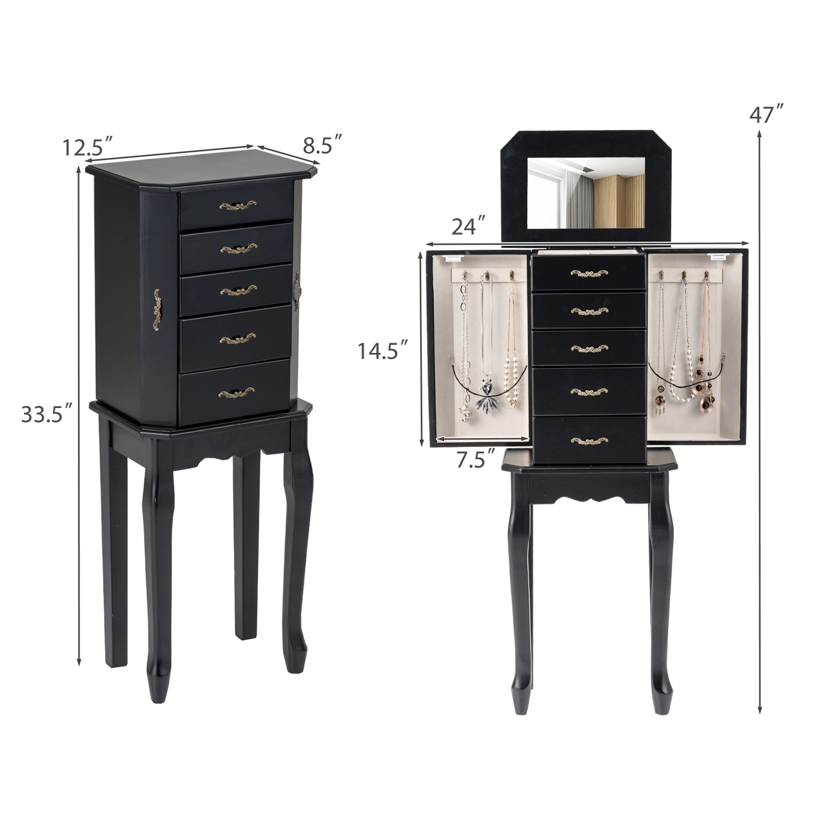 SUGIFT Standing Jewelry Box Black 47 in Armoire with 4 Drawers and 2 Side Doors