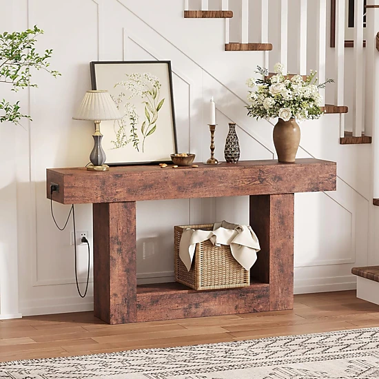 BebreezChic 63" Entryway Table, 2-Tier Narrow Console w/ Storage & Charging