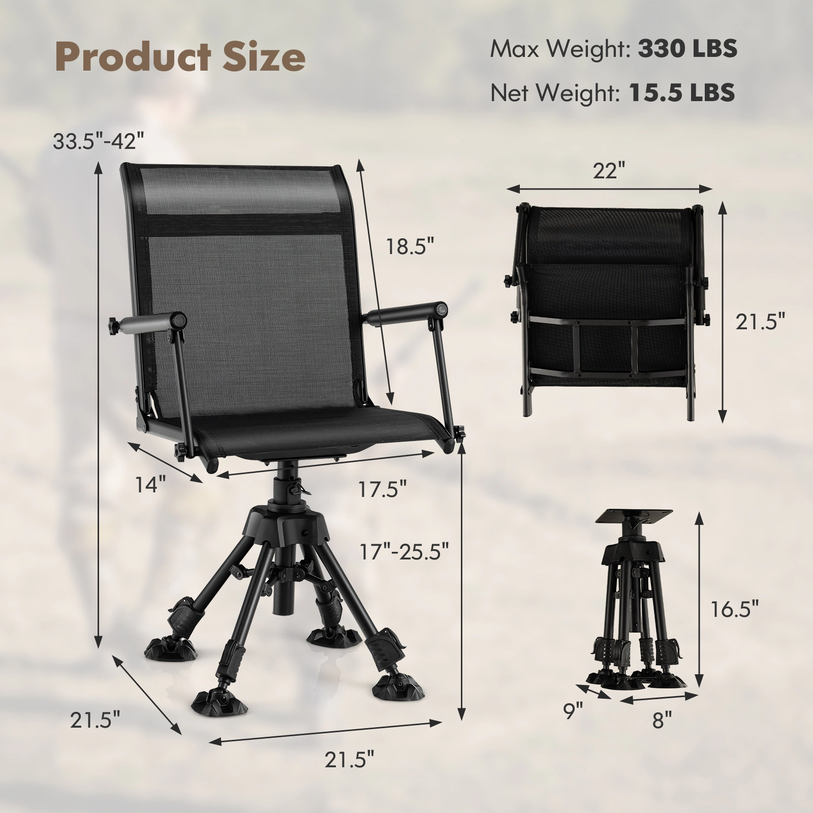 SUGIFT 330 lb 360-Degree Silent Swivel Camping Chair with Adjustable Legs and Mesh Seat