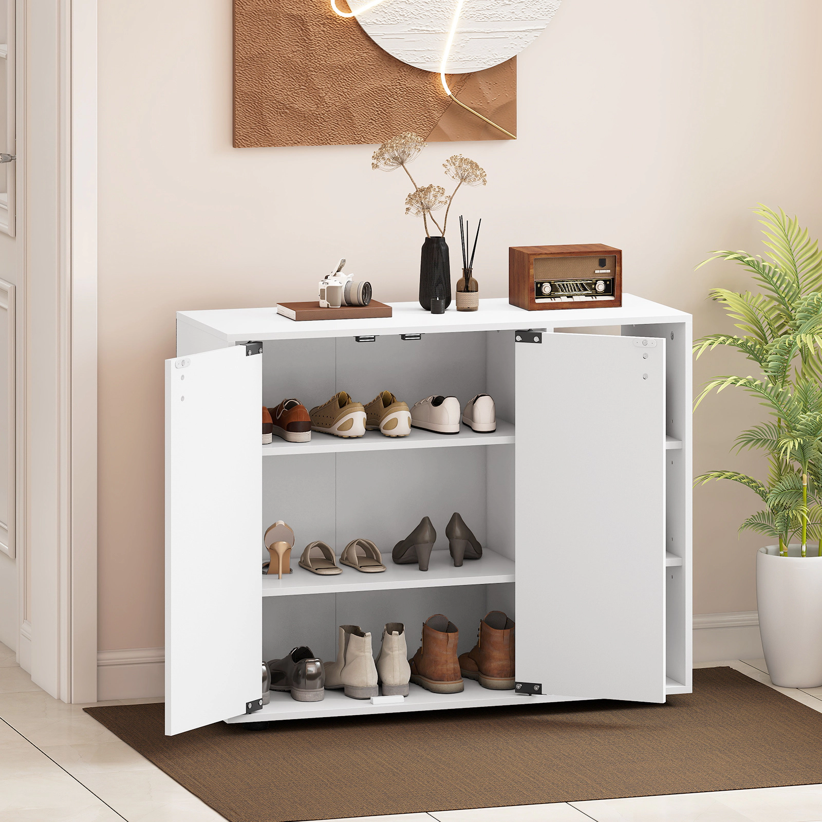 SUGIFT 3-Tier White 31.5-in Entryway Shoe Cabinet with Doors and Adjustable Side Storage Shelves