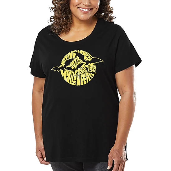 LA Pop Art Women's Plus Size Word Art T-Shirt - Halloween Bats