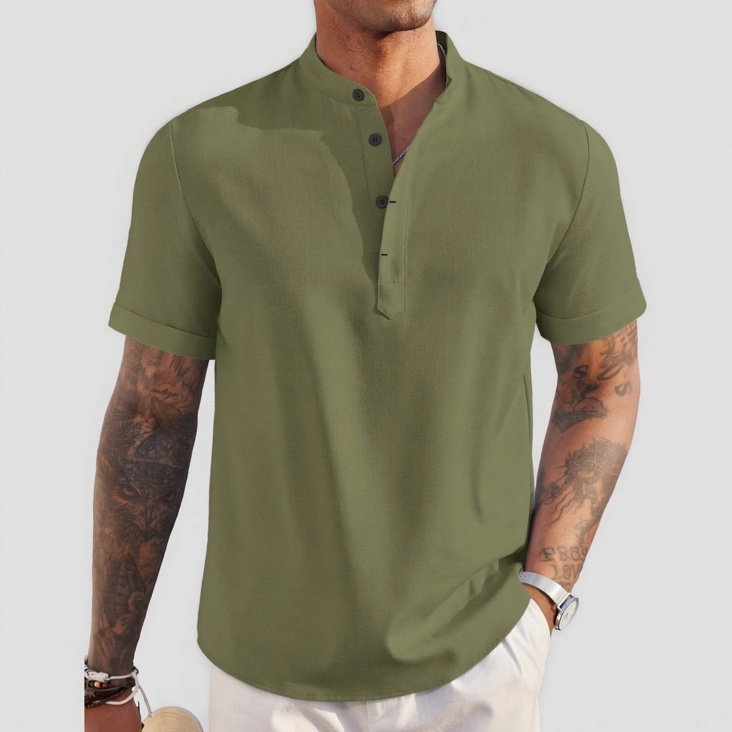 COOFANDY Mens  Short Sleeve Henley Shirts V Neck Button Striped Casual Tops