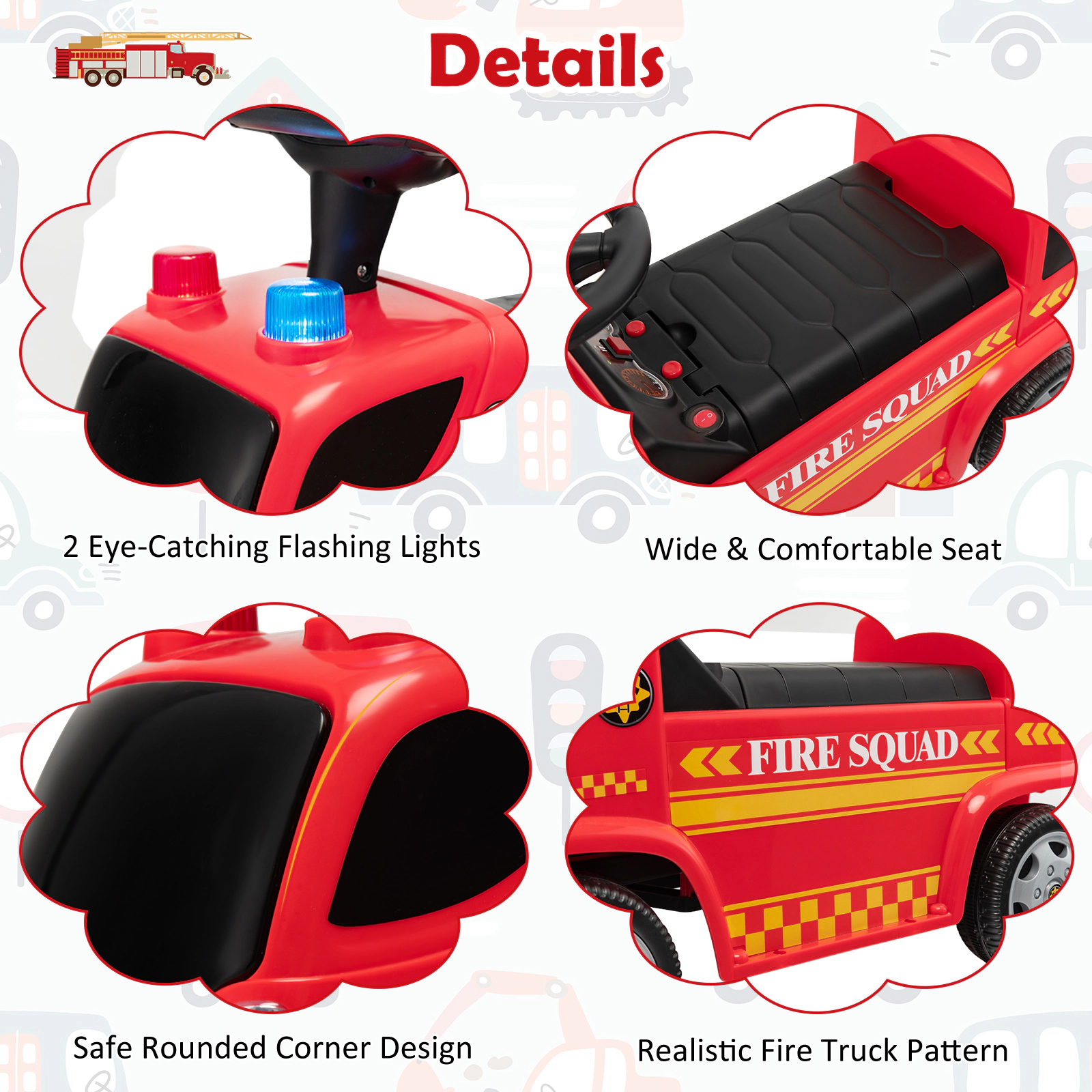 Costway Kids Ride On Fire Truck Foot-to-Floor Sliding Push Car w/ Music & Bubble Maker