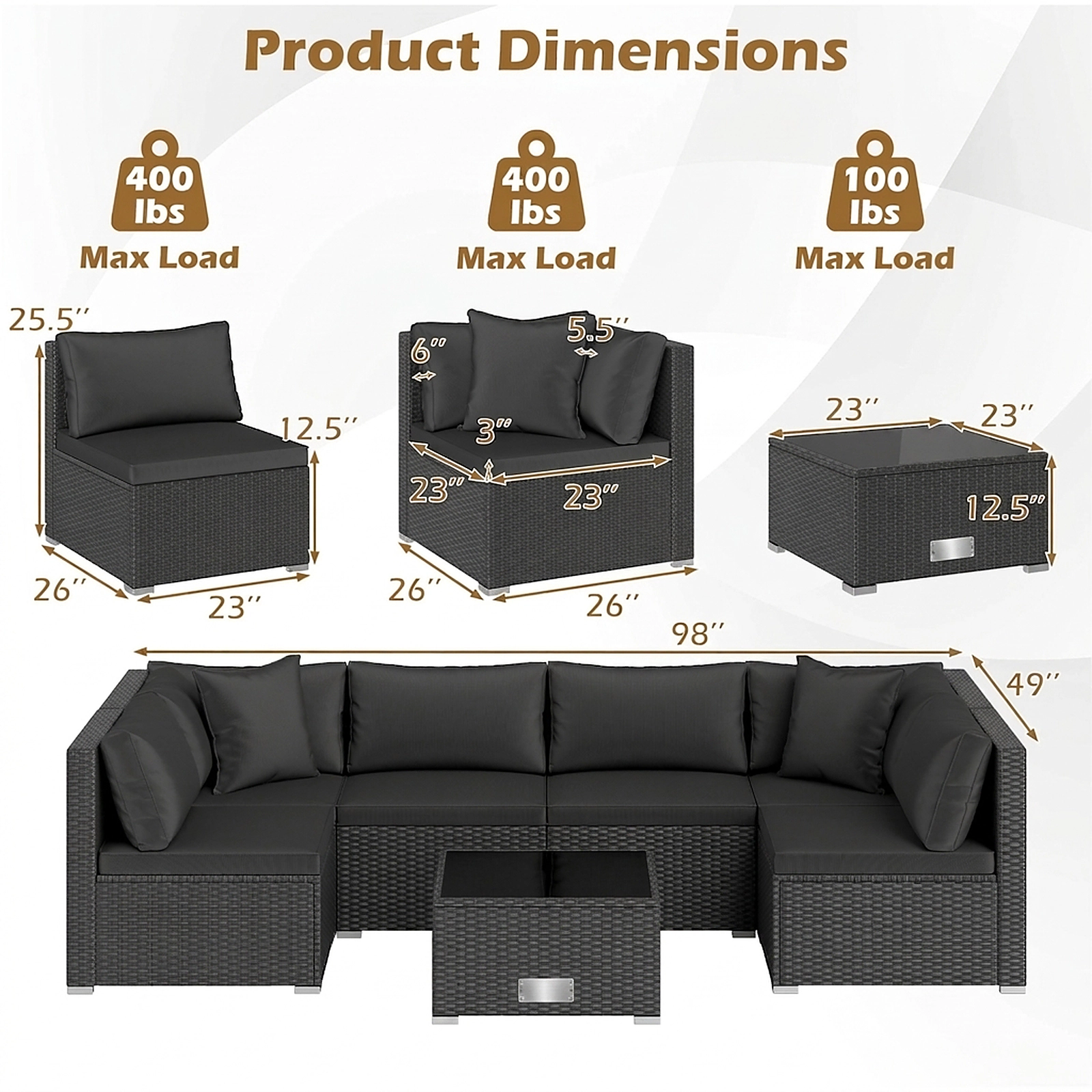 SUGIFT Tempered Glass Top Table and Cushions 7-Piece Outdoor Wicker Sectional Sofa Set