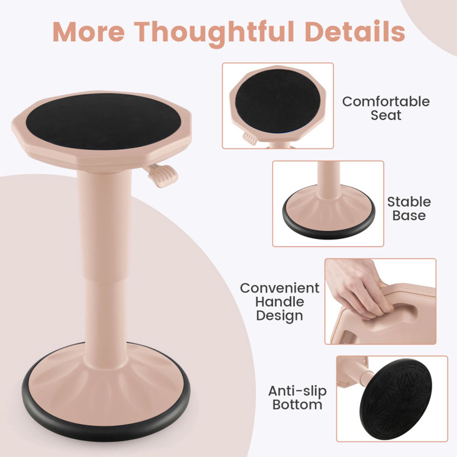 SUGIFT Adjustable-Height Wobble Chair Active Learning Stool 250-lb Capacity Ages 7+ 16.5-24-in Height Pink