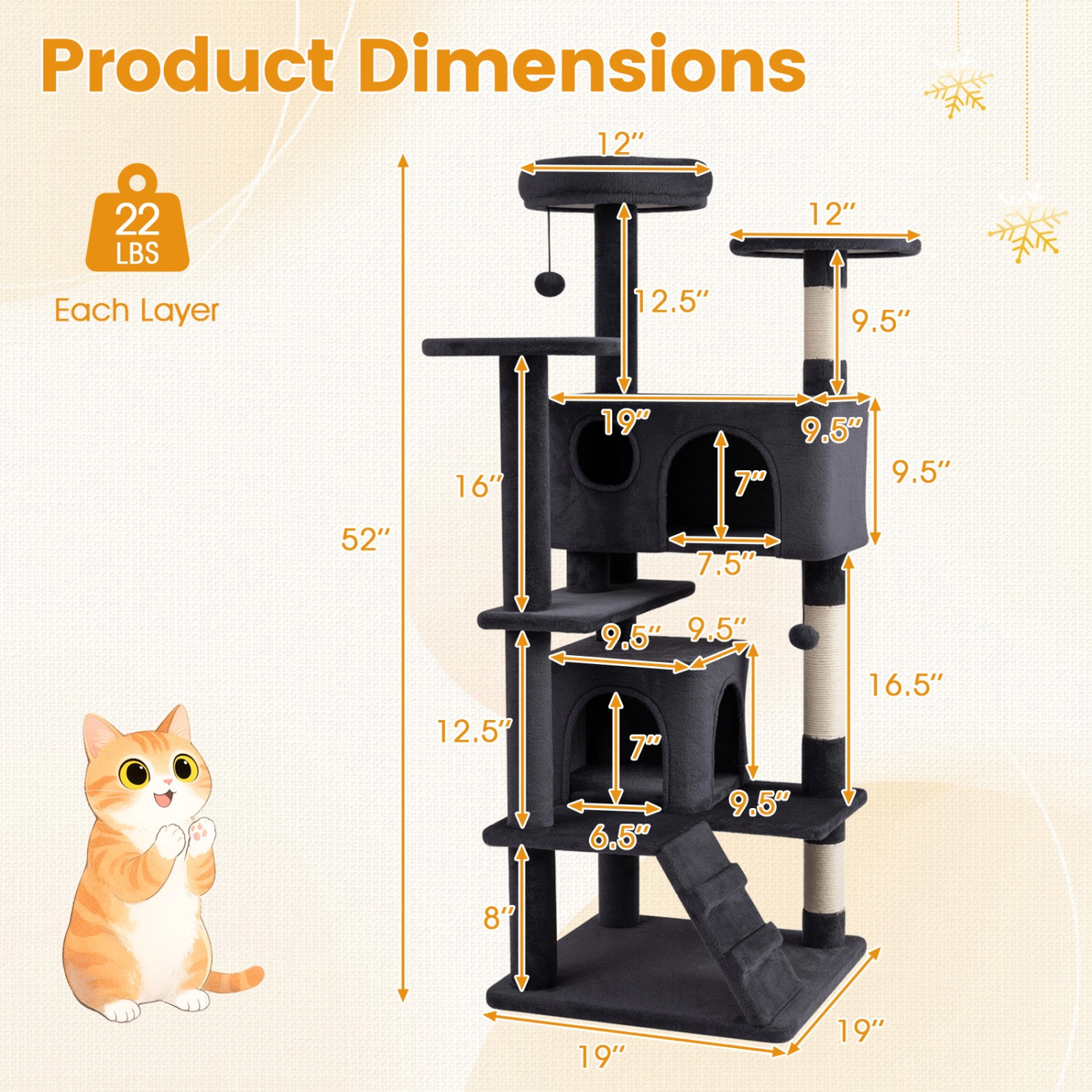 SUGIFT Multi-Level Cat Tree Tower for Indoor Cats Caves Perches Ladder & Sisal Posts 22-lb Capacity Per Layer Dark Gray