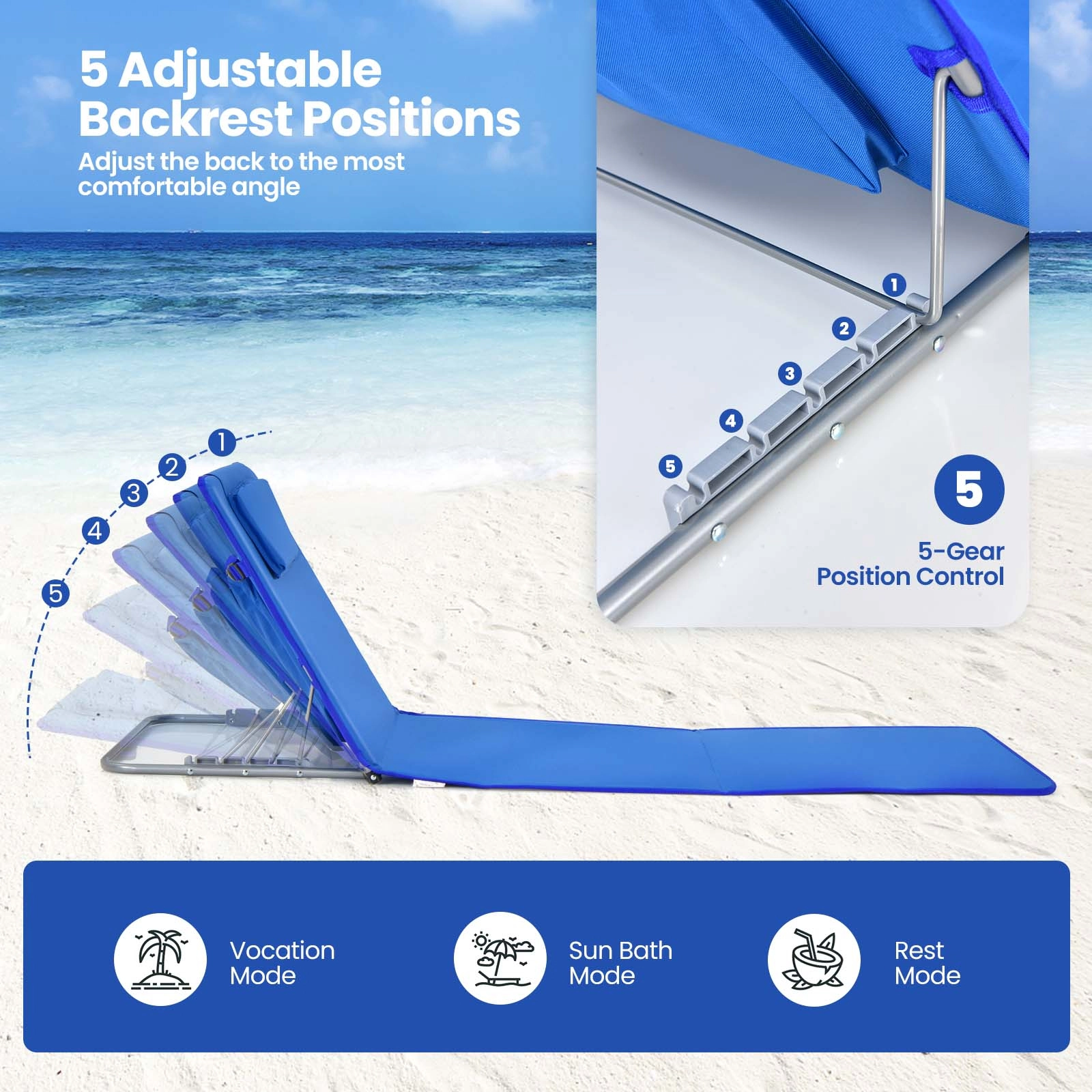 LJG 3 Pieces Beach Lounge Chair Mat Set 2 Adjustable Chairs with Table Stripe