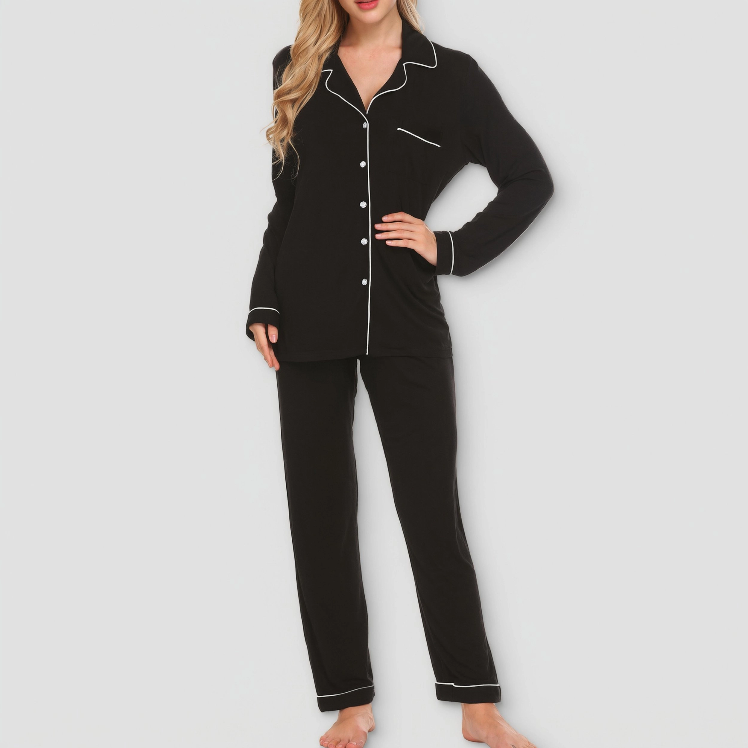 Ekouaer Pajamas Women's Long Sleeve Sleepwear Soft Button Down Loungewear Pjs Lounge Set Nightwear
