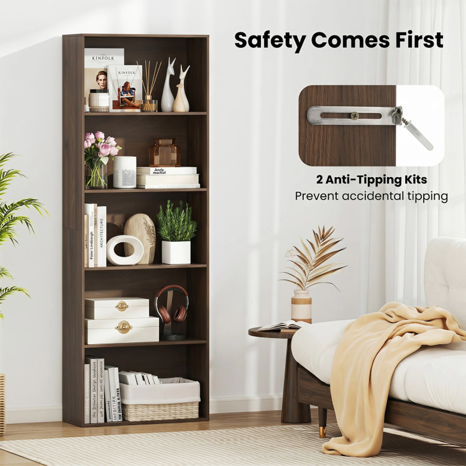 SUGIFT 5-Tier Freestanding Open Bookcase Bookshelf with 24-in Frame 45-lb Per Shelf Storage Organizer Dark Walnut