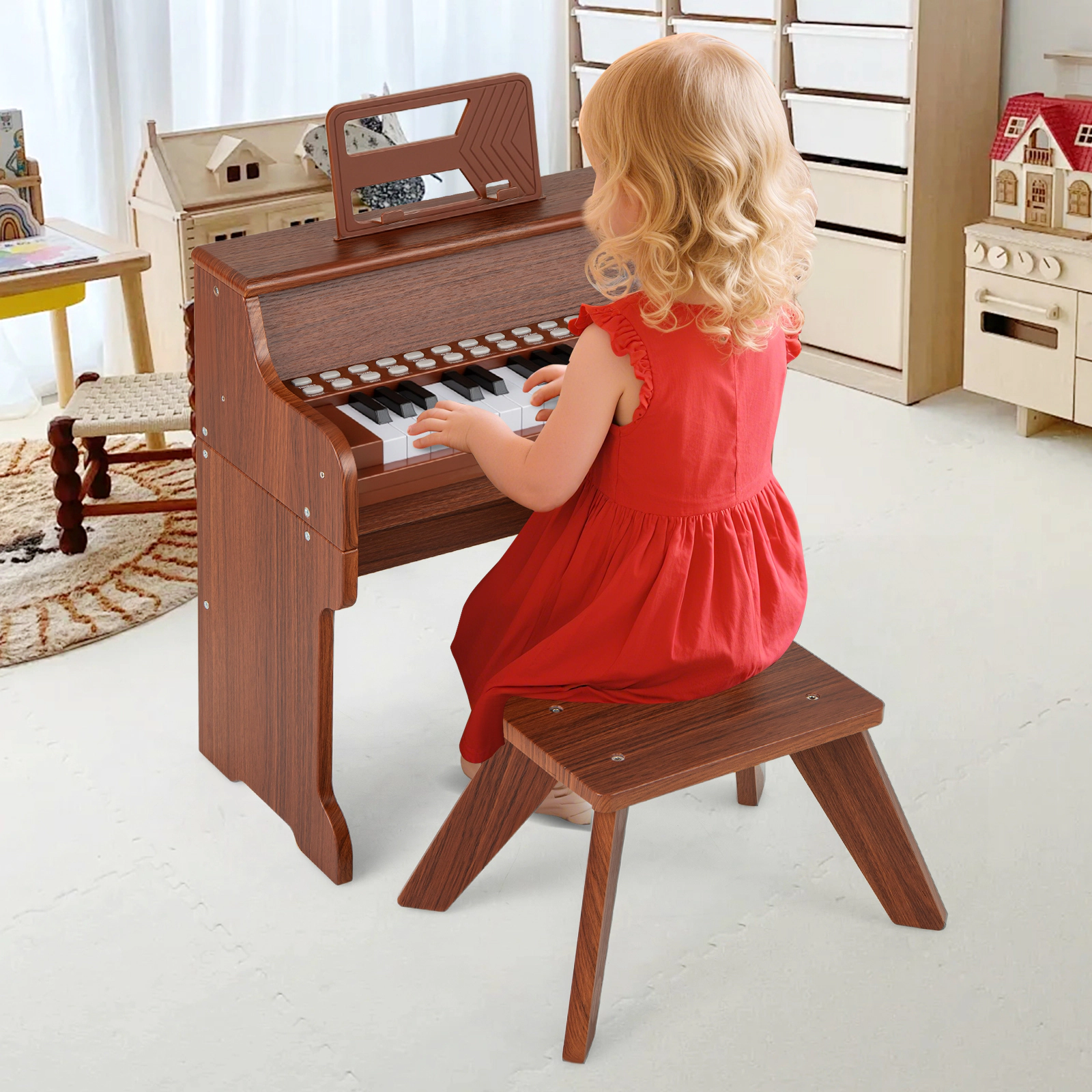 SUGIFT Brown 25-Key Kids Piano Keyboard with Stool Removable Legs and Adjustable Speed and Volume