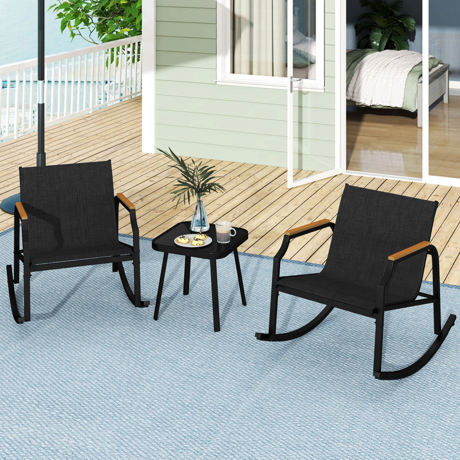 LJG 3 Piece Patio Rocking Bistro Set with Tempered Glass Coffee Table and Armrests for Porch