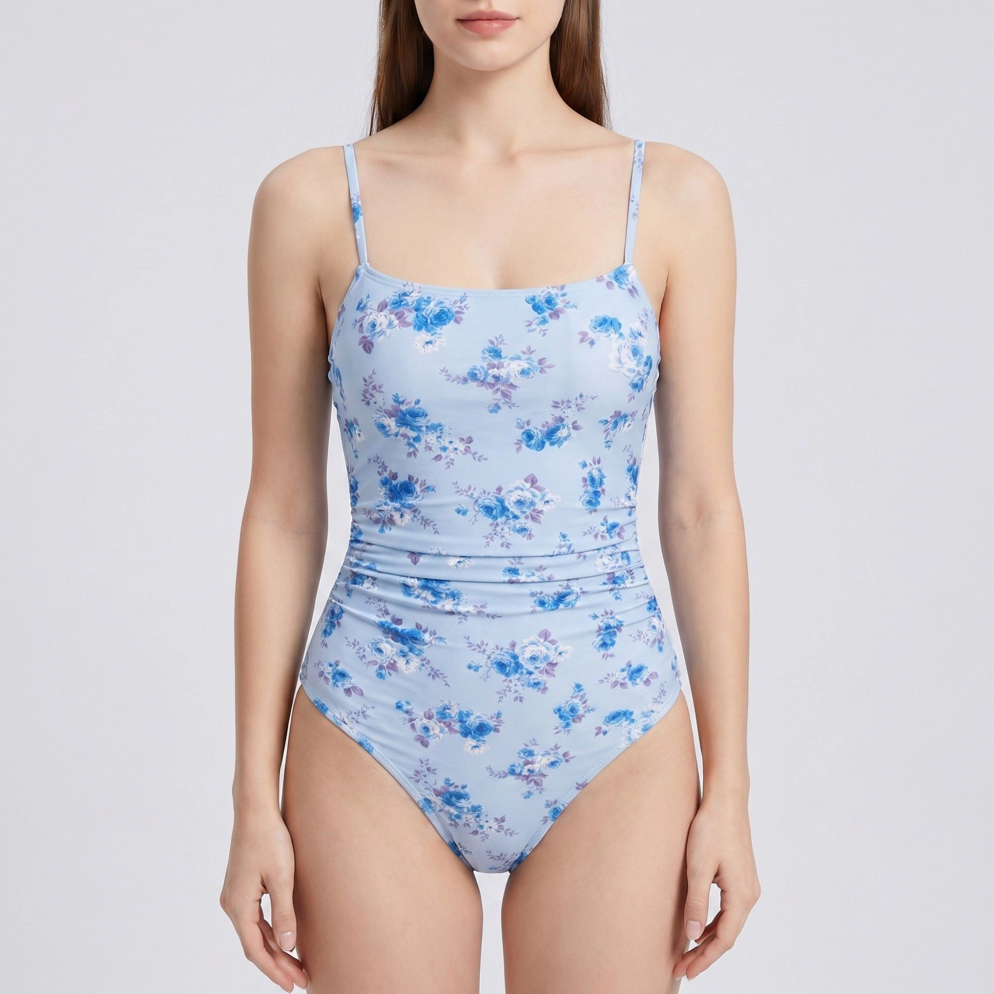 Anna-Kaci Women Floral One-Piece Swimsuit - Scoop Neck, Slim Straps, Ruched Waist, High-Cut Leg